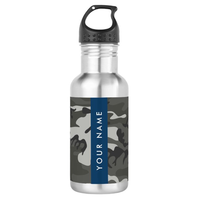 Garrafa Padrão de Camuflagem Cinza, Seu nome, Personalizar (Frente)
