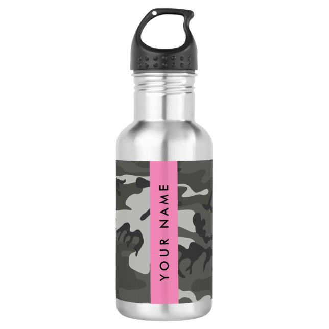 Garrafa Padrão de Camuflagem Cinza, Seu nome, Personalize (Frente)