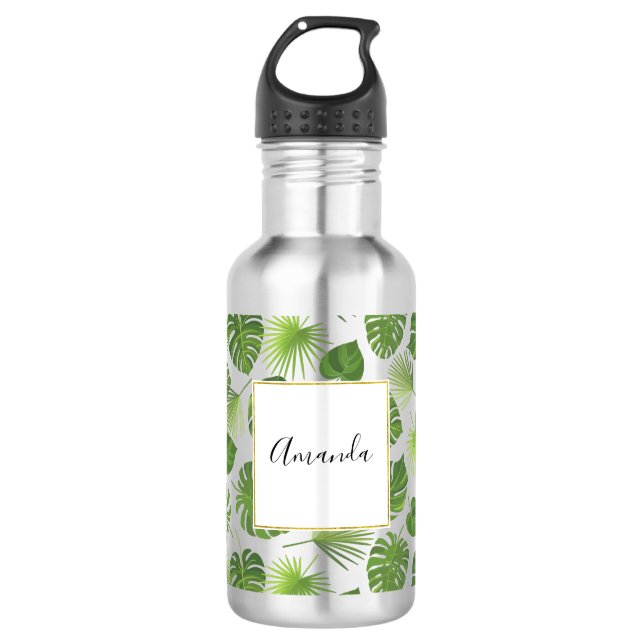 Garrafa Padrão de Folhas Tropicais na moda Verde (Frente)