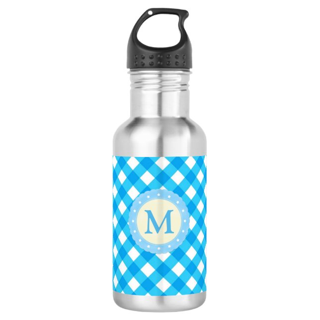 Garrafa Padrão de Gingham Azul Brilhante Monograma (Frente)