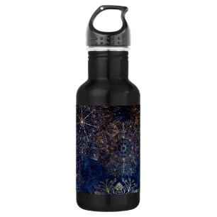 Garrafa Padrão Floral de Mandala Azul Escuro e Dourado ele