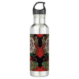 Garrafa Padrão Preto Vermelho Peônia Floral Japonês Vintag