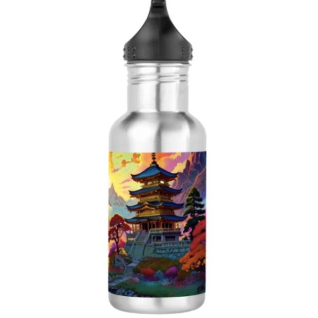 Garrafa Pagode e Paisagem Colorida  ( Pagoda Landscape Water Bottle 18 oz 18/8 stainless steel Height: 8.67" Weight: 8.7 oz. )