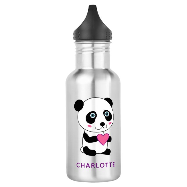 Garrafa Panda bonita com coração rosa + nome (Esquerda)