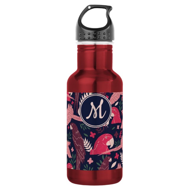 Garrafa Papagaio Ara Vermelho Padrão de Folhas Tropicais M (Frente)
