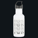 Garrafa Paris Paris | Elegante francês inspirado<br><div class="desc">Esta garrafa de água na moda e chic diz "Paris" quatro vezes,  em vários estilos elegantes de texto negro para um olhar parisiense de tendência.</div>