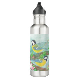 Garrafa Pássaros cantando em um galho de árvore florescent