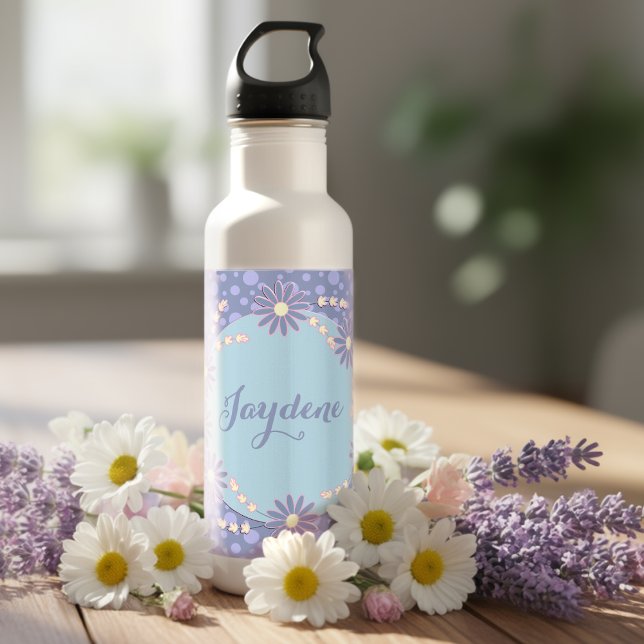 Garrafa Pastel Blue Yellow And Pink Custom Daisy (Pretty water bottle for spring. Daisies and dots for a fun mix. Feminine, cute and practical.)