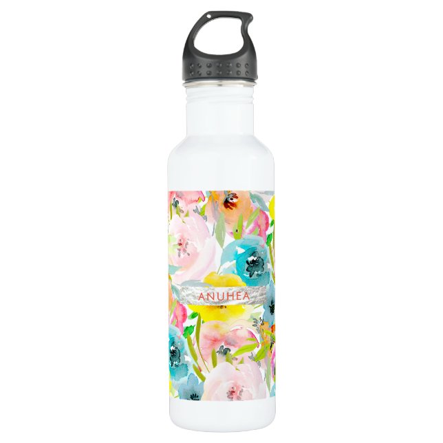 Garrafa Pastel Watercolor Flores Rosa Amarelo Teal (Frente)