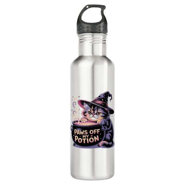 Garrafa Paws Off My Potion, Kawaii Halloween Witch Cat Cla (Frente)