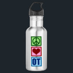 Garrafa Paz Ama À Terapia Ocupacional<br><div class="desc">Uma garrafa de água fofa do terapeuta ocupacional com um sinal verde de paz,  coração vermelho e OT escrita verticalmente com OT sobre fundo azul. A terapia ocupacional é uma ocupação tão importante. Ajuda tanto adultos como crianças com terapêutica sensorial.</div>