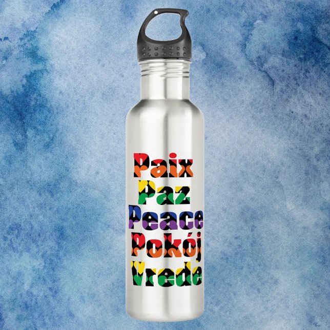 Garrafa Peace Hearts Rainbow Pattern (A water bottle that says peace in a variety of languages with a rainbow heart pattern)