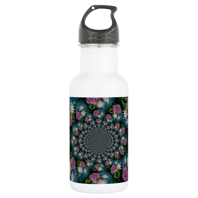 Garrafa Pedônio branco-rosa, cor-de-água floral, mandala (Frente)