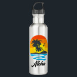 Garrafa Personalizado Aloha Tropical Havaiana<br><div class="desc">Uma garrafa de água de aço inoxidável tropical havaiana da Aloha personalizada apresenta o pôr do sol da praia havaiana e um modelo de texto. Excelente para férias e como presente.Clique no botão personalizar para personalizá-lo com seu texto ou nome.Visite gentilmente minha loja " loveyouart" para outros designs ou similares....</div>