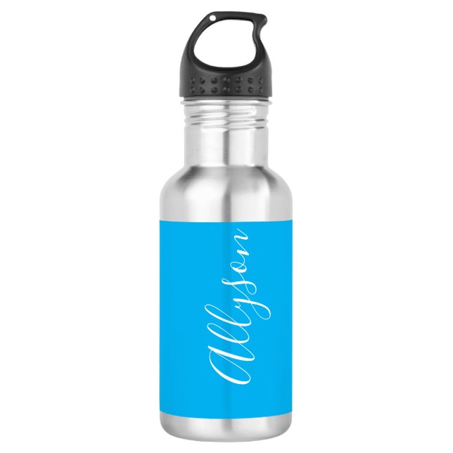 Garrafa Personalizar Nome Vertical, Script Branco, Azul Cé (Frente)