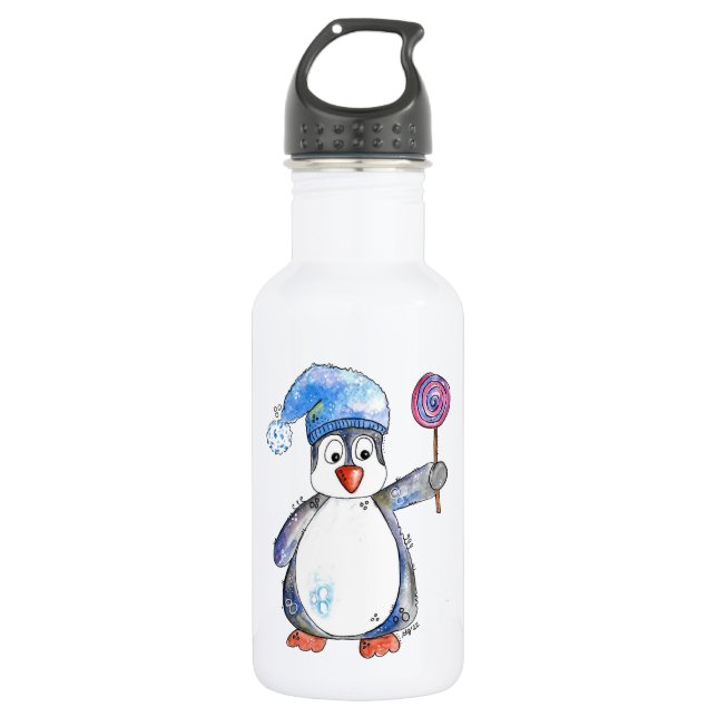 Garrafa Pinguim branco bonito com um pirulito (Frente)