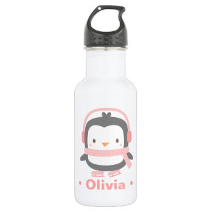 Garrafa Pinguim Fofo Com Cachecol Rosa e Protetores de Ouv