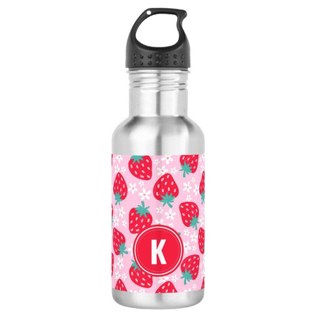 Garrafa Pink Red Strawberries Floral  Pattern Monogram (Frente)