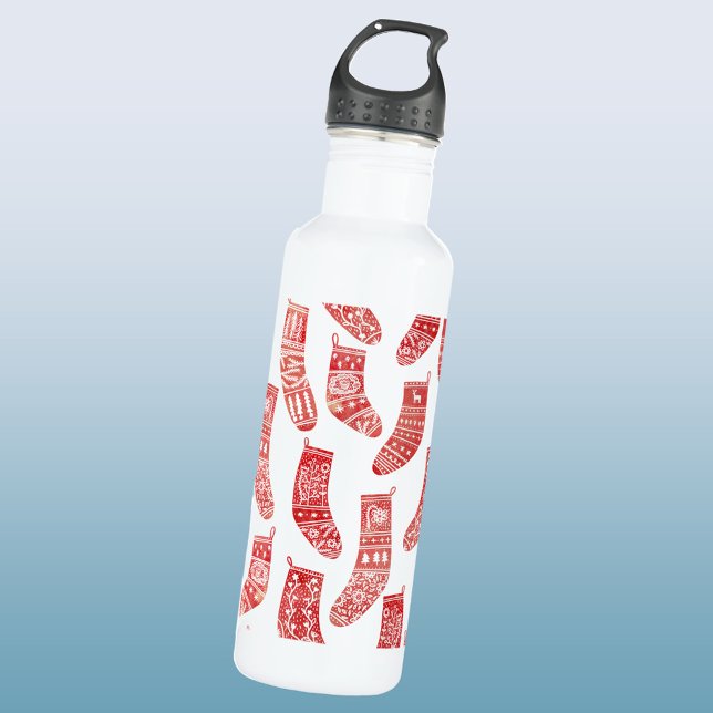 Garrafa Planície Nórdica Branco Vermelho (Nordic Stockings red and white Scandinavian festive Christmas pattern water bottle)