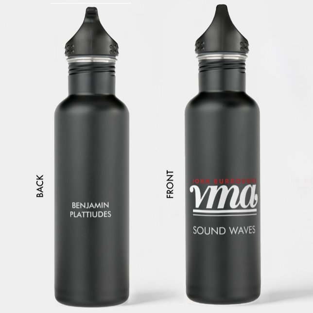 Garrafa Preto VMA JBHS com logotipo branco personalizável (Front and back of black matte VMA logo water bottle)