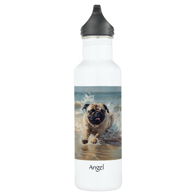 Garrafa Pug Feliz na Praia personalizável (Direita)