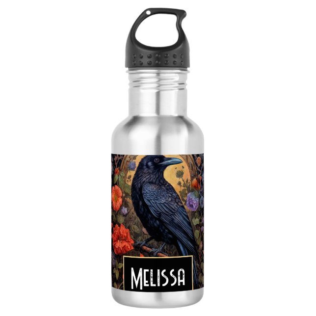 Garrafa Raven Preto com Design Gótico Flores (Frente)