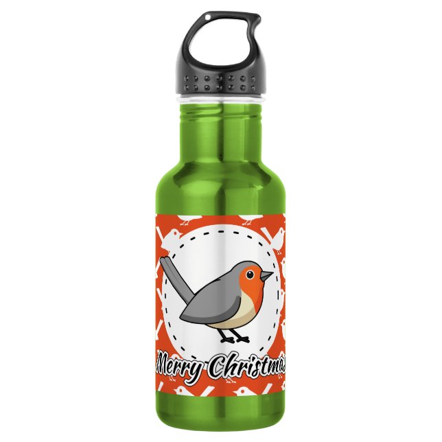 Garrafa Robin on Orange White Bird Pattern - Feliz Natal (Frente)