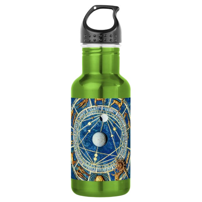 Garrafa Roda de Signos de Astrologia Azul e Dourado Zodíac (Frente)