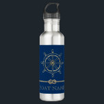 Garrafa Roda Dourada Náutica, Marinho Azul<br><div class="desc">Esta imagem apresenta uma roda de barco dourada,  sobre um fundo azul marinho.</div>