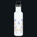Garrafa Rosa e Roxo | Monograma de Flor de Aquarela<br><div class="desc">Esta design de garrafa de água personalizada apresenta um belo buquê de flor de aquarela pintado por mim. Você pode personalizar o texto para a sua inicial.</div>