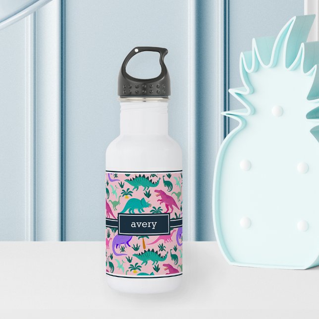 Garrafa Rosa | Nome das Crianças de Padrão de Dinossauro C (Criador carregado)