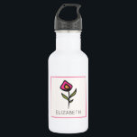 Garrafa Rosa Personalizado e Florim Longo Verde<br><div class="desc">Uma garrafa de água personalizada com o seu nome dentro um quadrado branco com casca de ovo com uma borda rosa e uma mão desenhada rosa flor silvestre com um caule e folhas verdes compridos. Design floral branco e bonito.</div>