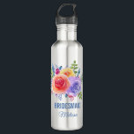 Garrafa Rosas Coloridos Watercolor Floral Bridesmaid<br><div class="desc">Garrafa de água de ponte personalizada com um buquê floral fantástico com rosas de aquarelas. Na moda,  capricho e criativo. Um conjunto de rosas em rosa,  roxo e amarelo. Com muitos galhos e folhas em verde,  rosa,  roxo e azul.</div>