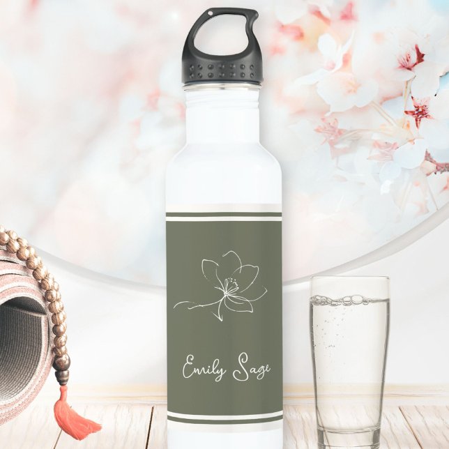 Garrafa Sage Green Ivory Floral Line Art Striped (Minimalist Floral Line Art Zen Sage Green Ivory Stainless Steel Water Bottle ©Sunny Wanderlust 🌞✈️)