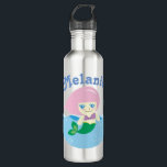 Garrafa Sereia Bonita com Cabelo Rosa Personalizado<br><div class="desc">Arte de cartoon adorável de uma sereia com cabelo rosa e olhos azuis. Garrafa de água de criança personalizada.</div>