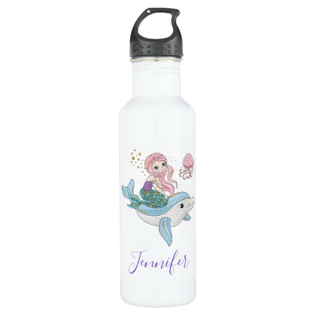 Garrafa Sereia Fofa Andando um Golfinho Sob o Mar (Frente)