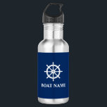 Garrafa Seu nome de barco com o comando de roda<br><div class="desc">O seu nome personalizado,  nome do barco ou texto com um hélice de roda náutica num frasco de água azul Marinho.</div>