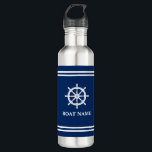 Garrafa Seu Nome De Barco Embarca Banhas Brancas De Helma<br><div class="desc">Seu nome personalizado,  nome do barco ou texto com um hélice de roda náutica personalizado em um azul Marinho com Garrafa d'água.</div>