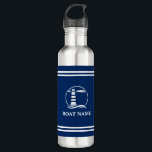 Garrafa Seu Nome De Barco, Listras Brancas Do Farol Náutic<br><div class="desc">Seu nome personalizado,  nome do barco ou texto com um farol náutico personalizado em um Marinho azul com Garrafa d'água.</div>