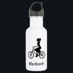 Garrafa Silhouette de Ciclista de Raparigas Retro<br><div class="desc">Uma ilustração retrógrada fofa. Uma silhueta de uma mulher num rabo de cavalo,  vestindo um vestido e andando de bicicleta.</div>