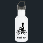 Garrafa Silhouette de Ciclista de Raparigas Retro<br><div class="desc">Uma ilustração retrógrada fofa. Uma silhueta de uma mulher num rabo de cavalo,  vestindo um vestido e andando de bicicleta.</div>