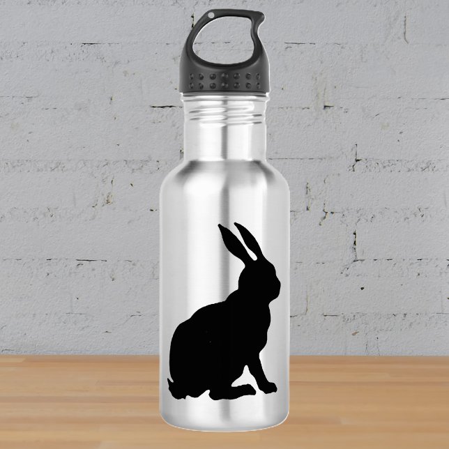 Garrafa Silhueta de Coelho Preto Coelho de Páscoa (Black silhouette of sitting rabbit with tall ears on silver water bottle.)