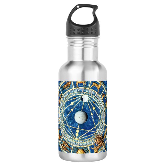 Garrafa Sinais de Astrologia Celestial Azul e Dourada (Frente)