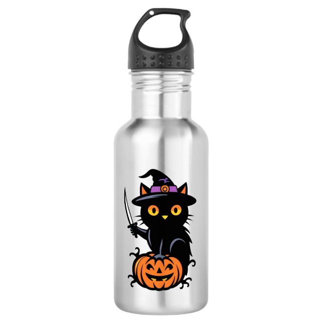 Garrafa Spooky Sorcery: Gato Preto na Pumpkin com Dagger (Frente)