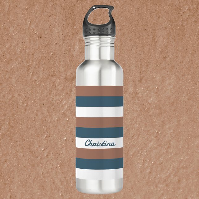 Garrafa Strike Pattern Brown Teal White Personalize (A water bottle with brown, teal and white stripes.  The text can be personalized!)