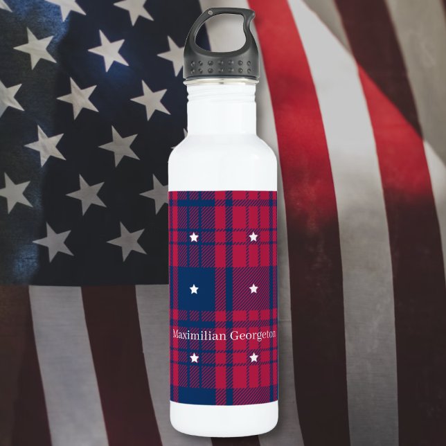 Garrafa Tartan - Patriótico - Estrelas Brancas Azuis Verme (Tartan - Patriotic - Red Blue White Stars Stainless Steel Water Bottle by Leapfroglisics Shop)