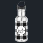Garrafa Tendy Black and White Buffalo Xadrez Monogramada<br><div class="desc">Verificação/xadrez de búfalos preto e branco de tendência, monograma com nome e inicial. Parte de uma coleção. Você pode personalizar facilmente com seu nome e inicial, alterar as fontes e as cores da fonte. TORNE A SUA GARRAFA DE ÁGUA ÚNICA. Também faz um presente muito atencioso. Parte de uma coleção....</div>