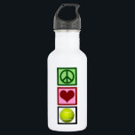 Garrafa Tênis de Paz e Amor<br><div class="desc">Um sinal de paz,  coração,  e um design de bola de tênis fazem um excelente para um jogador de tênis.</div>