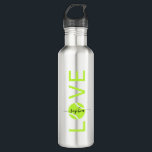 Garrafa Tênis personalizado com amor prata verde<br><div class="desc">Garrafa prateada e verde-claro - garrafa de água de aço inoxidável prateado personalizada,  amarela,  com bola de tênis e monograma de nome "LOVE",  com uma letra elegante e fofinha de escrita caligráfica.</div>