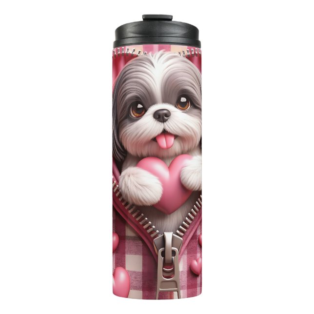 Garrafa Térmica 3D Shih Tzu em um fundo rosa e branco (Frente)